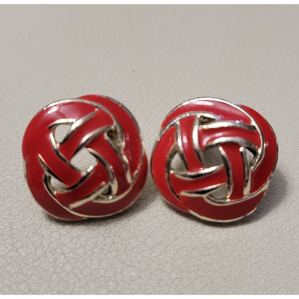 Vintage Red & Silver Tone Enamel Basket Weave Square‎ Stud Earrings